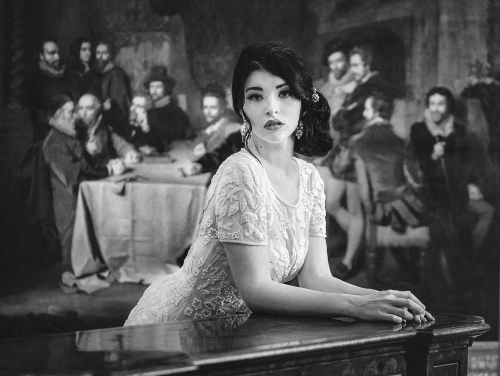 Black-and-white editorial portrait of a woman in a vintage beaded dress